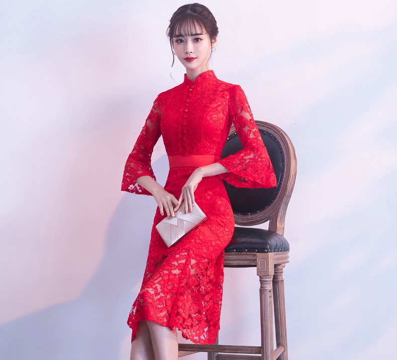 紅色性感蕾絲中式禮服，中式復(fù)古晚禮服