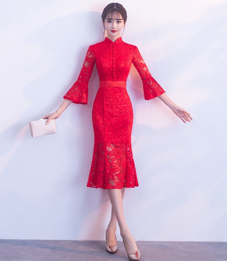 紅色性感蕾絲中式禮服，中式復(fù)古晚禮服