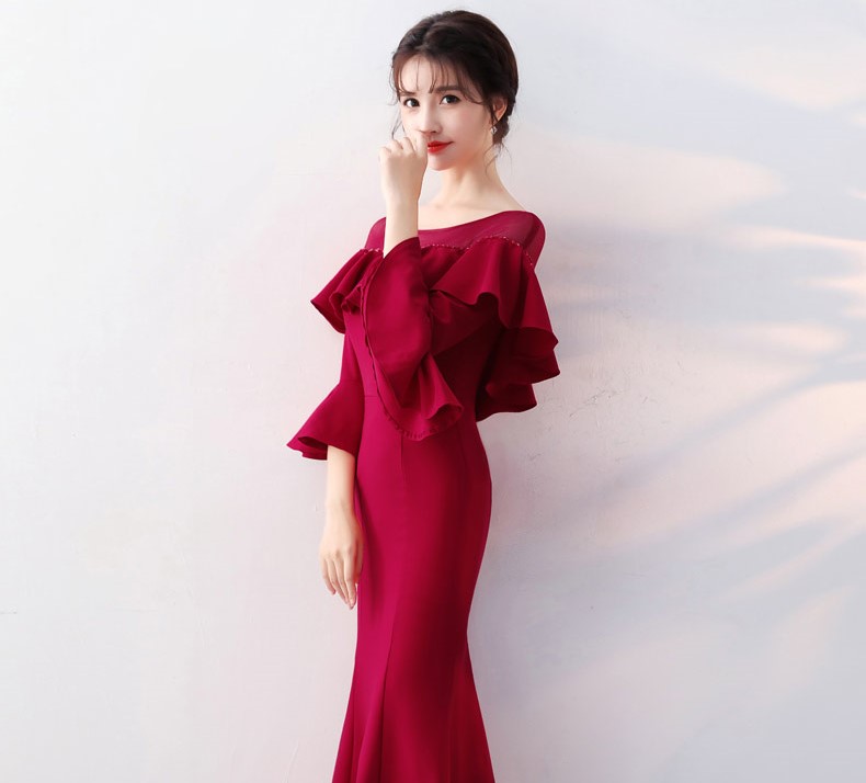優(yōu)雅喇叭袖中式禮服，時(shí)尚魚尾晚禮服