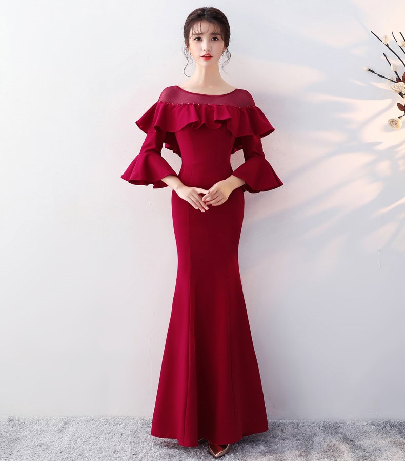 優(yōu)雅喇叭袖中式禮服，時(shí)尚魚尾晚禮服