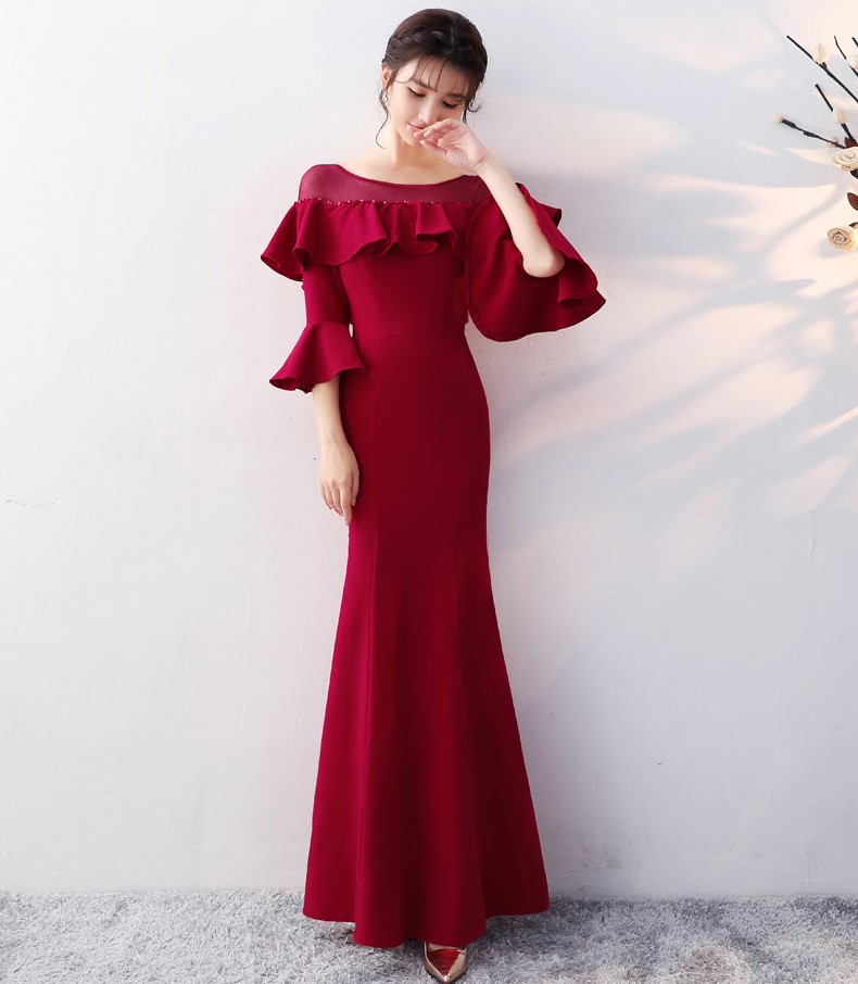 優(yōu)雅喇叭袖中式禮服，時(shí)尚魚尾晚禮服