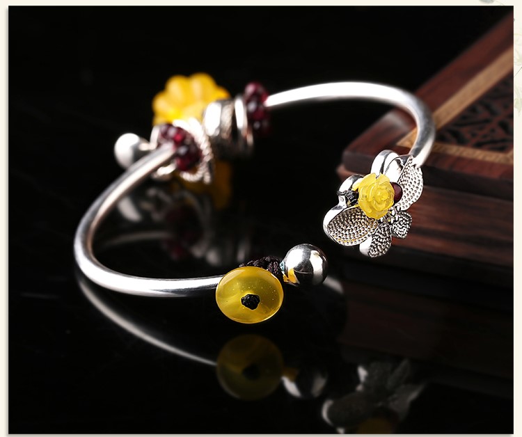 淡黃色民族風(fēng)開口個(gè)性手工純銀手鐲