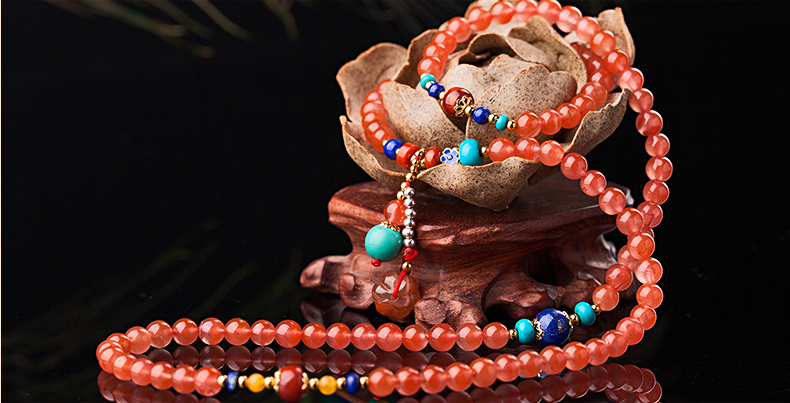 櫻桃紅瑪瑙水晶手鏈，多圈南紅手串