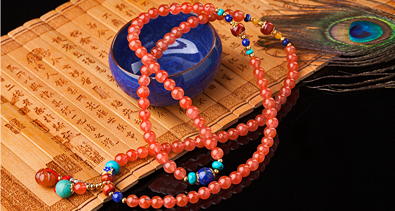 櫻桃紅瑪瑙水晶手鏈，多圈南紅手串