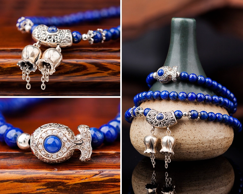 簡約銀鈴鐺吊墜多圈民族風(fēng)青金石手串