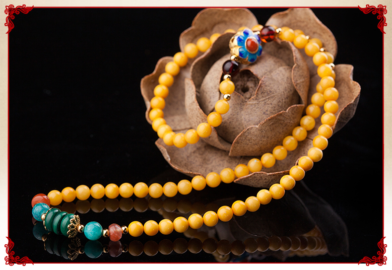 復(fù)古燒藍小花朵古典優(yōu)雅黃蜜蠟手串