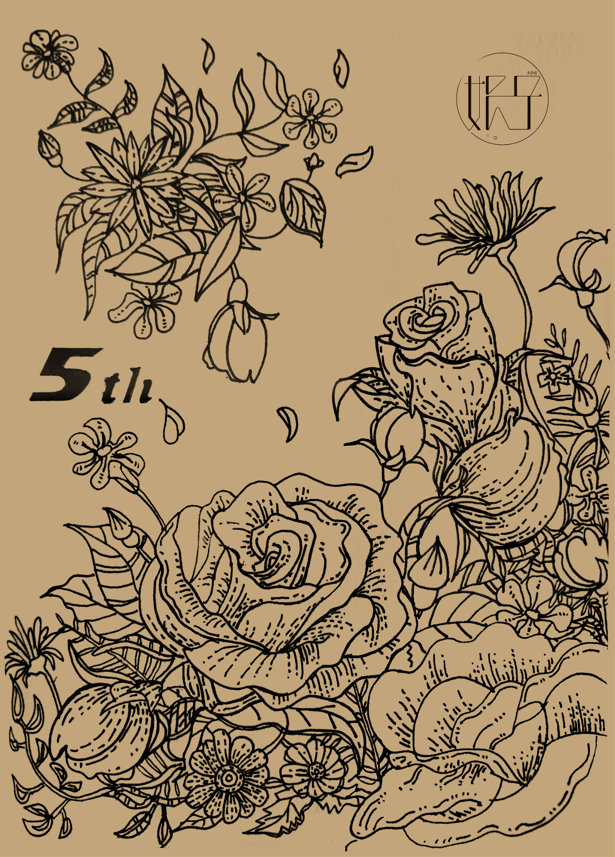 簡(jiǎn)約手繪線稿繁花黑白插畫