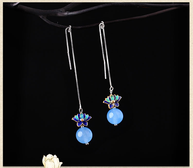 藍(lán)色蓮花景泰藍(lán)氣質(zhì)耳環(huán)，小清新長款耳墜首飾