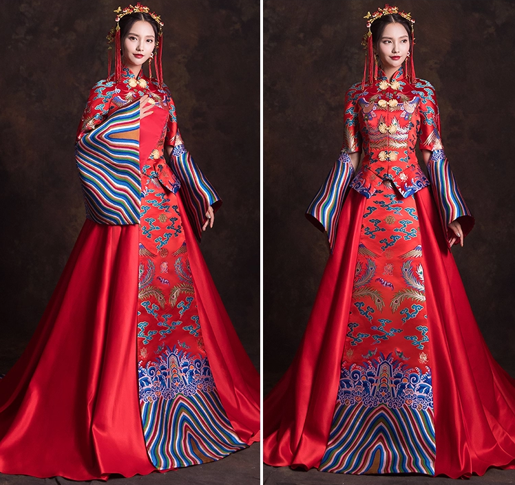 創(chuàng)意袖口新娘結(jié)婚禮服，奢華拖尾中式禮服