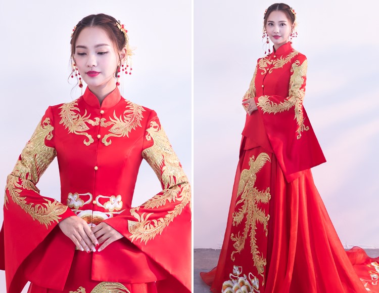 金色鳳凰刺繡新娘結婚禮服，奢華拖尾中式禮服