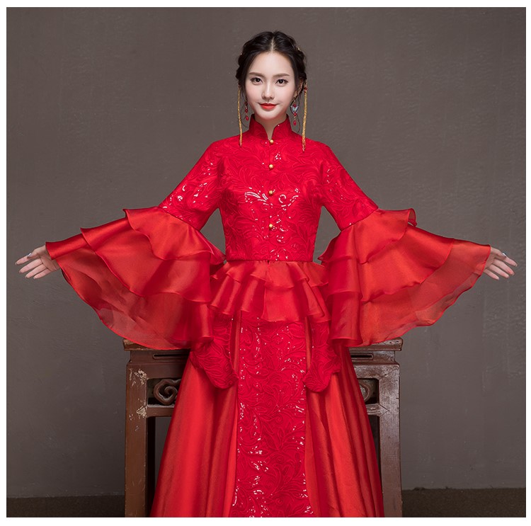 荷葉邊袖新娘結(jié)婚禮服，優(yōu)雅網(wǎng)紗蓬松中式禮服