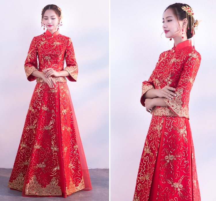 金色蕾絲花朵新娘禮服，唯美秀禾中式禮服