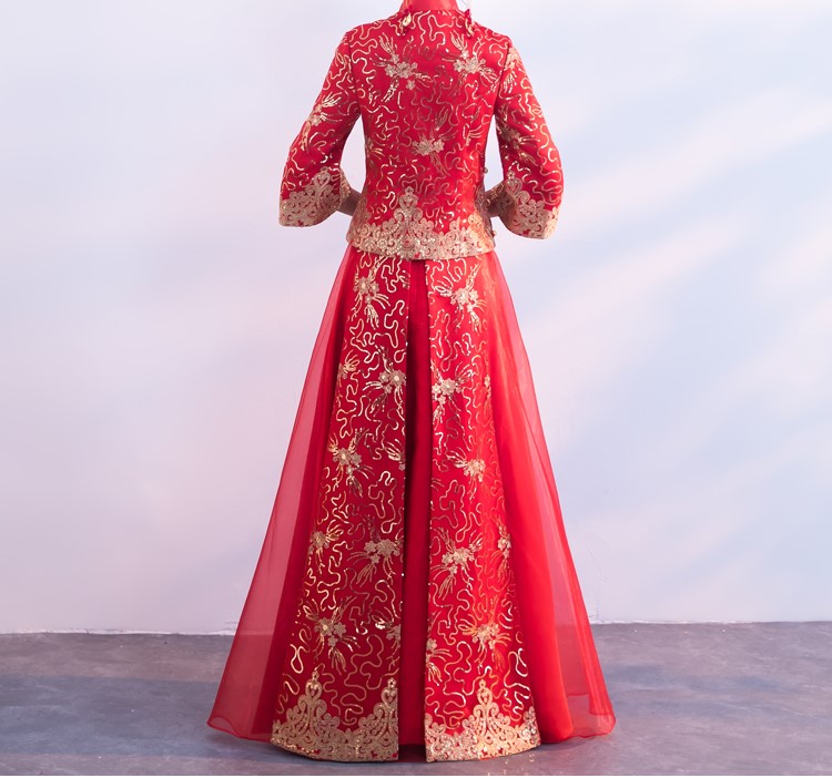 金色蕾絲花朵新娘禮服，唯美秀禾中式禮服