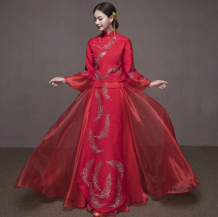 羽毛圖案新娘結(jié)婚禮服，簡約大氣中式禮服