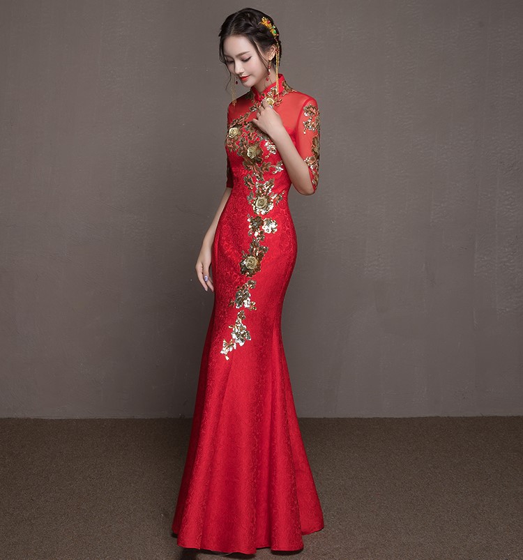 金枝玉葉中式禮服，魚尾牡丹花晚禮服