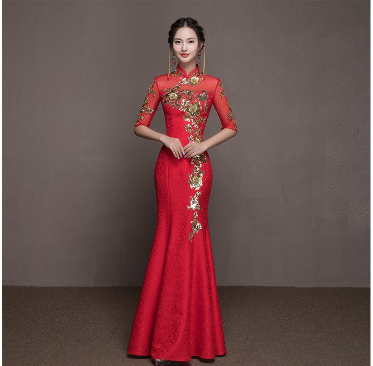 金枝玉葉中式禮服，魚尾牡丹花晚禮服