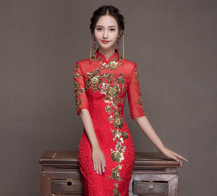 金枝玉葉中式禮服，魚尾牡丹花晚禮服