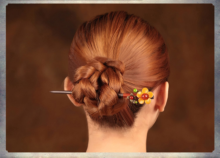 亮黃色花朵發(fā)簪，古風(fēng)古風(fēng)盤發(fā)木簪子頭飾