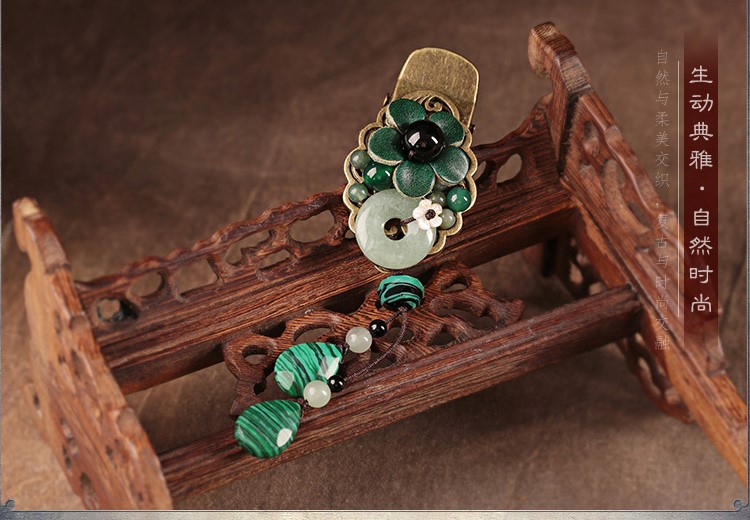 碧水花涵綠色鴨嘴夾，牛皮花朵發(fā)夾頭飾