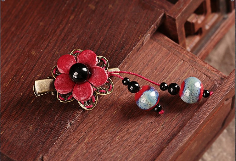 福連文苑紅色花朵古風發(fā)夾頭飾