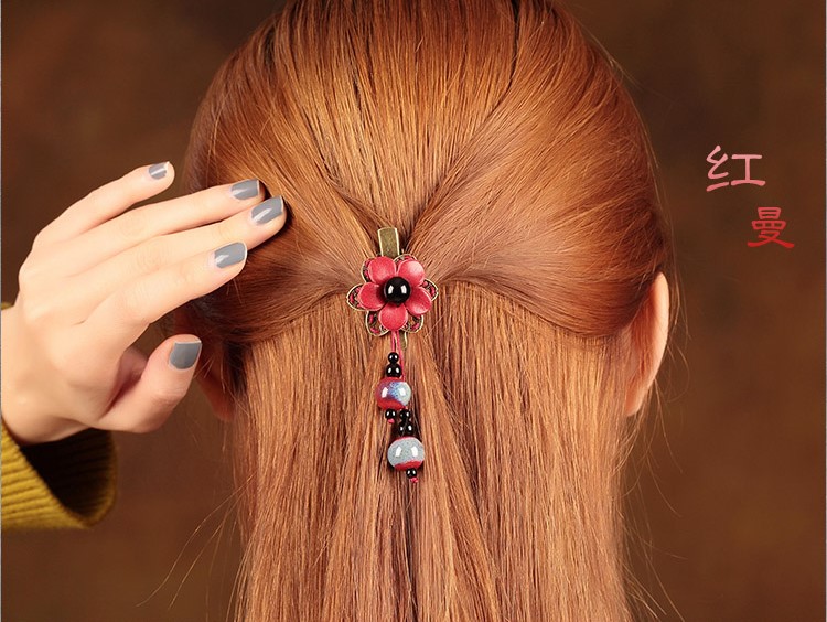 福連文苑紅色花朵古風發(fā)夾頭飾