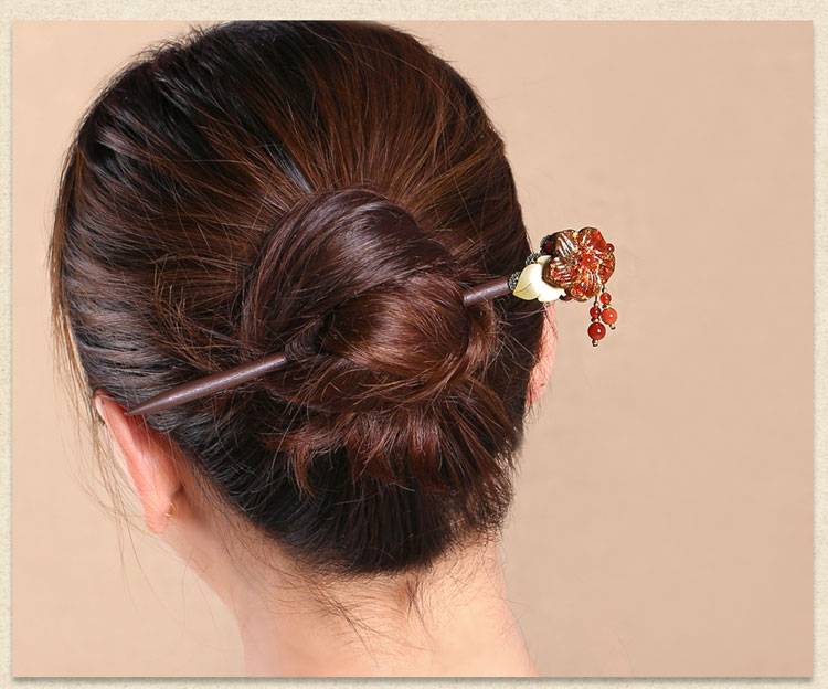 福連文苑琉璃花朵發(fā)簪盤發(fā)木簪子頭飾