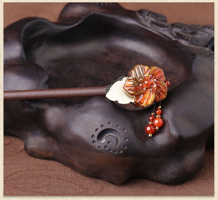 福連文苑琉璃花朵發(fā)簪盤發(fā)木簪子頭飾