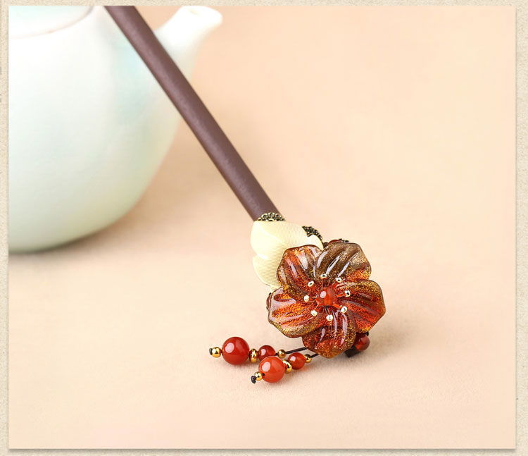 福連文苑琉璃花朵發(fā)簪盤發(fā)木簪子頭飾