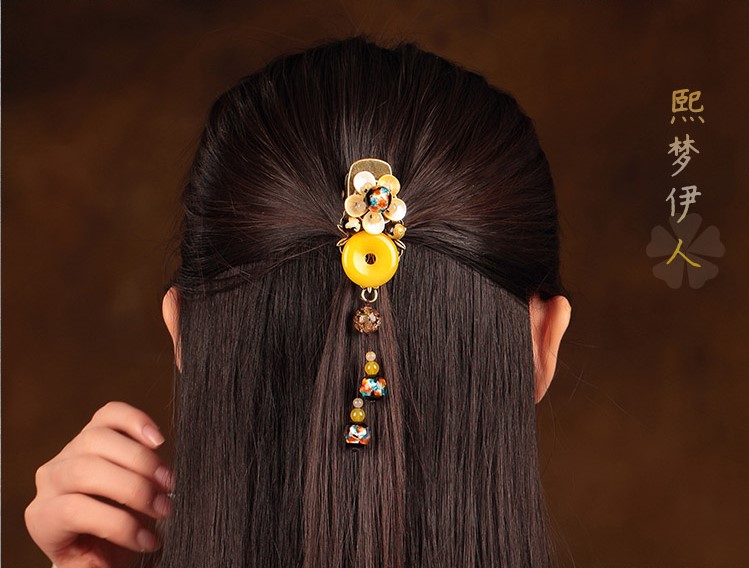 黃色平安扣古風(fēng)花朵發(fā)夾流蘇頭飾