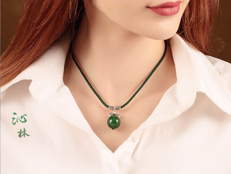 銀鈴鐺吊墜綠瑪瑙鎖骨鏈簡約民族風首飾