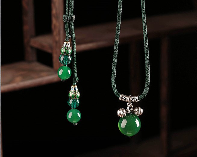 銀鈴鐺吊墜綠瑪瑙鎖骨鏈簡約民族風首飾