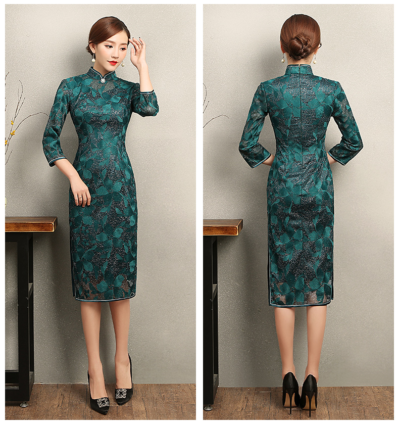 綠色葉嵐旗袍，復(fù)古蕾絲繡花旗袍裙