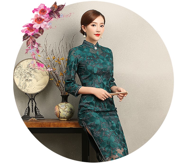 綠色葉嵐旗袍，復(fù)古蕾絲繡花旗袍裙
