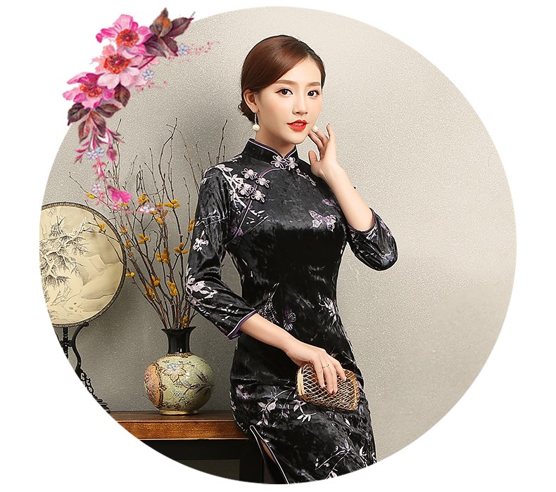 竹蝶黑色旗袍，復(fù)古絲絨印花旗袍裙