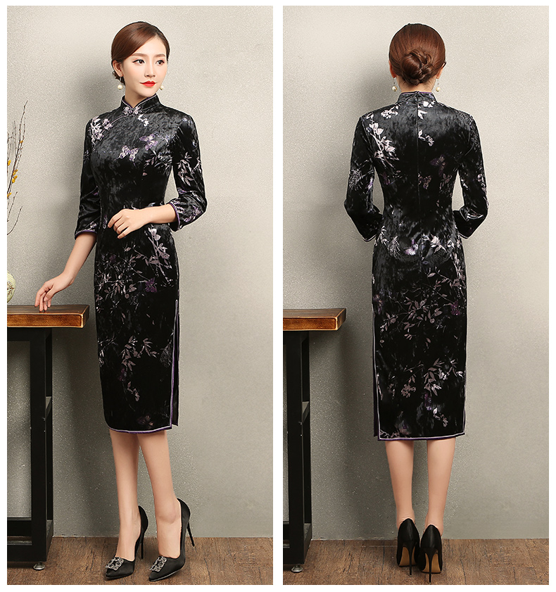 竹蝶黑色旗袍，復(fù)古絲絨印花旗袍裙