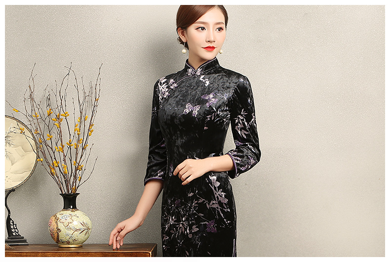 竹蝶黑色旗袍，復(fù)古絲絨印花旗袍裙