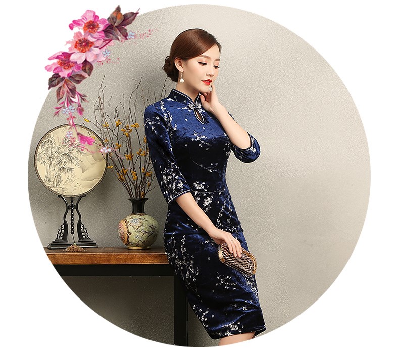 優(yōu)雅時(shí)尚梅蘭旗袍，復(fù)古絲絨印花旗袍裙