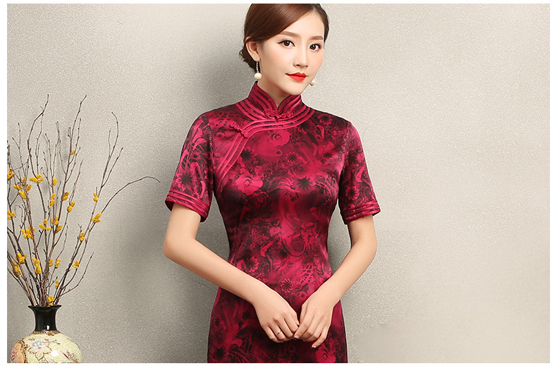 紅色短袖旗袍，復(fù)古包邊印花旗袍裙