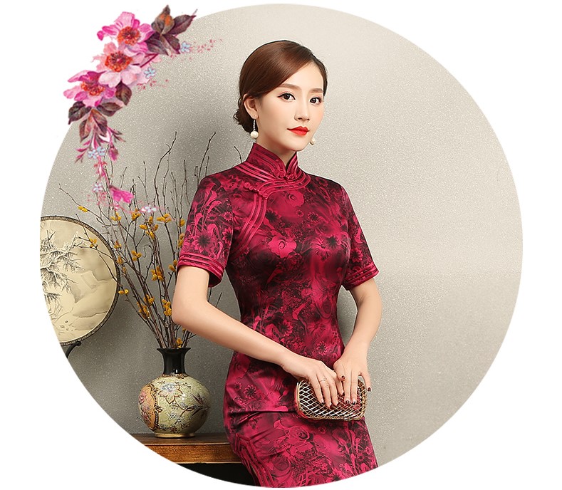 紅色短袖旗袍，復(fù)古包邊印花旗袍裙