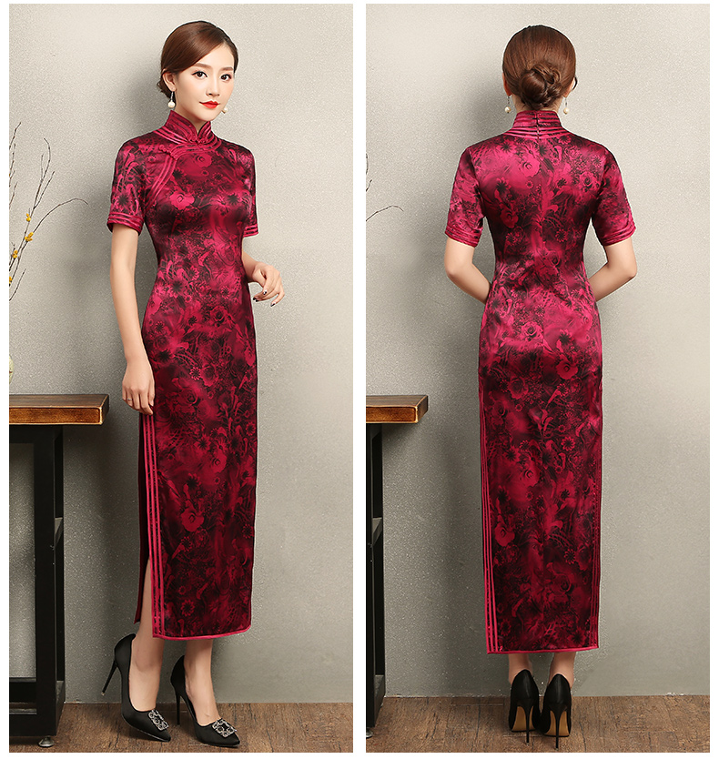 紅色短袖旗袍，復(fù)古包邊印花旗袍裙
