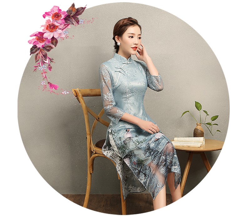 淡雅青鶴旗袍，改良奧黛風(fēng)長(zhǎng)款旗袍裙