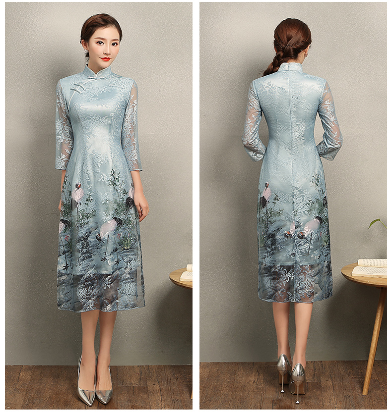 淡雅青鶴旗袍，改良奧黛風(fēng)長(zhǎng)款旗袍裙
