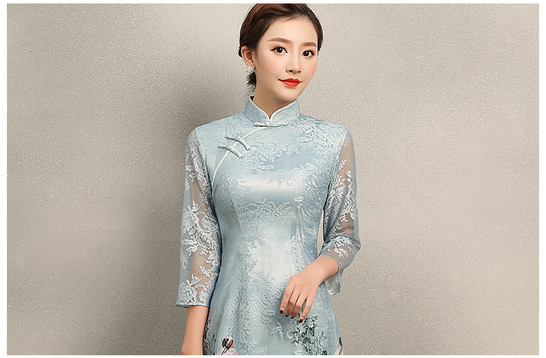 淡雅青鶴旗袍，改良奧黛風(fēng)長(zhǎng)款旗袍裙