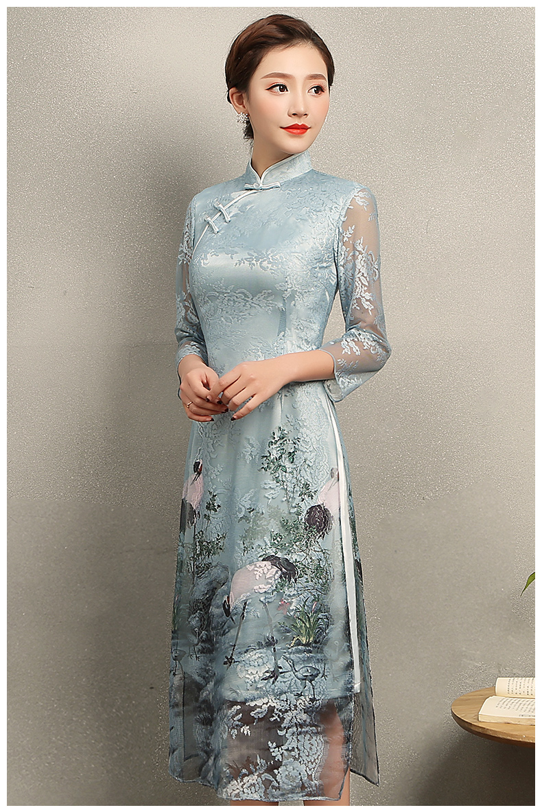 淡雅青鶴旗袍，改良奧黛風(fēng)長(zhǎng)款旗袍裙