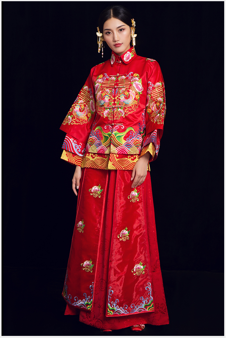 喜締鴛鴦中式禮服，喜字鴛鴦刺繡新娘禮服