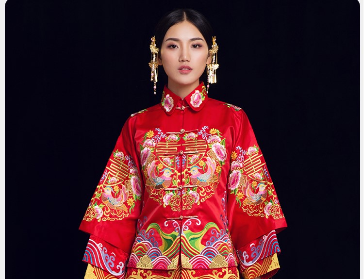 喜締鴛鴦中式禮服，喜字鴛鴦刺繡新娘禮服