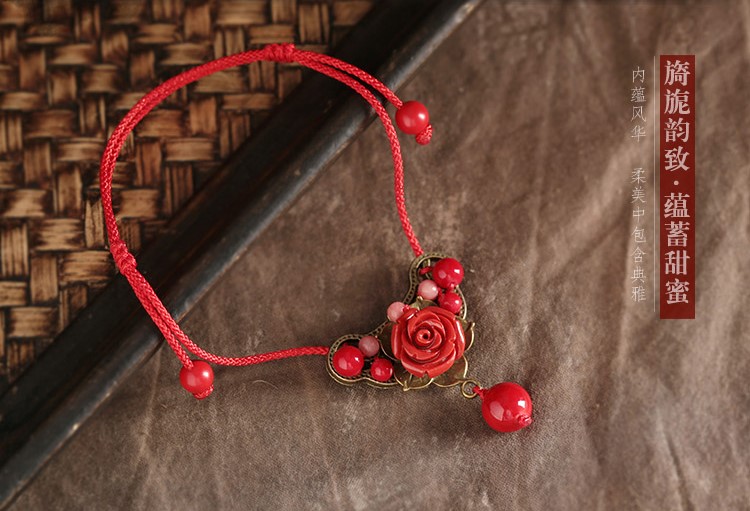 紅色玫瑰花腳鏈復古福連文苑飾品
