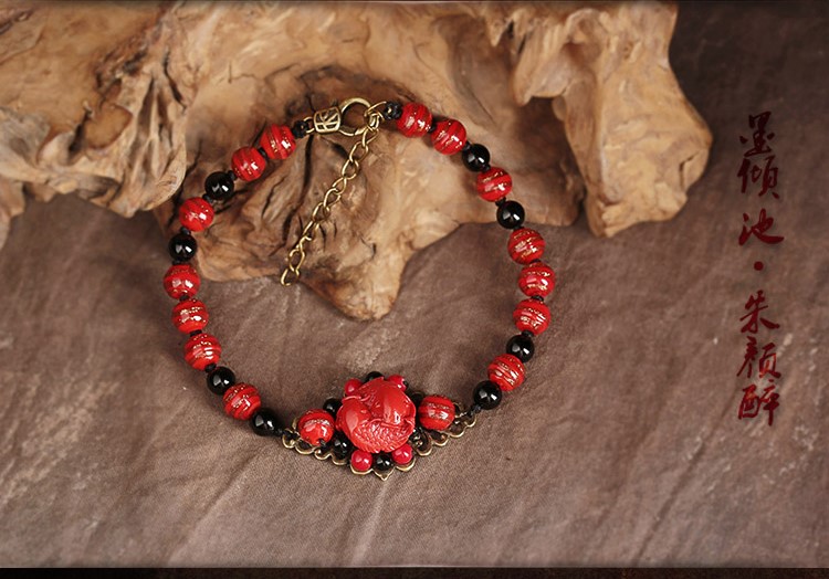 復(fù)古本命年腳鏈：福連文苑朱砂魚(yú)琉璃腳鏈