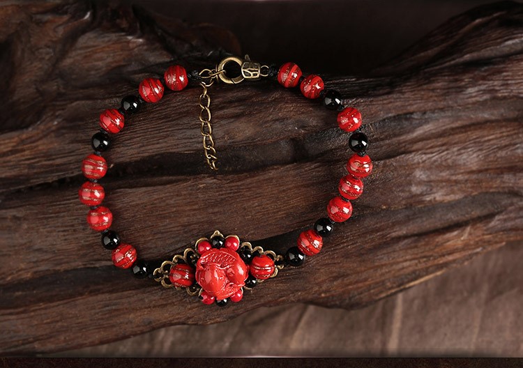 復(fù)古本命年腳鏈：福連文苑朱砂魚(yú)琉璃腳鏈