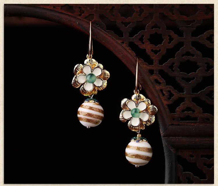 福連文苑琉璃古風(fēng)花朵耳墜氣質(zhì)簡約耳環(huán)首飾